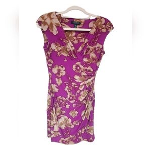 LAUREN Floral Tan & Fuschia V Neck Sleeveless Dress sz 2